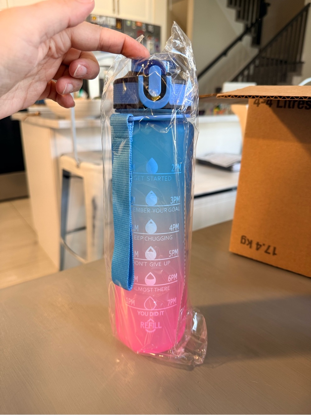 Gradient Blue to Pink Motivational Water Bottle with Strap